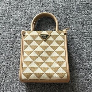 PRADA Beige and Cream Geometric Mini Top-Handle Bag